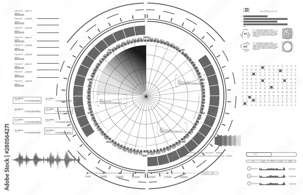 Poster radar screen.technology backgroundset of black and white infographic elements. head-up display eleme