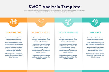 Four colorful elements with text placed inside table. Concept of SWOT-analysis template or strategic planning technique. Infographic design template. Vector illustration.
