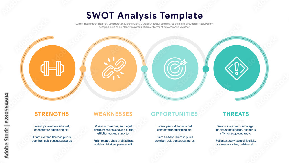 Poster four colorful elements with text inside placed beside the element. concept of swot-analysis template