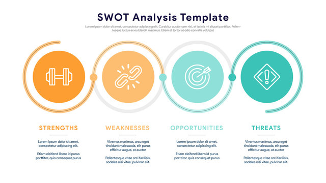 Four colorful elements with text inside placed beside the element. Concept of SWOT-analysis template or strategic planning technique. Infographic design template. Vector illustration.