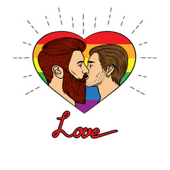 Vector illustration with rainbow colors. Vector banner of a homosexual couple is kissing. Two young men kissing each other inside the heart shape frame with typing "love". Happy pride day banner