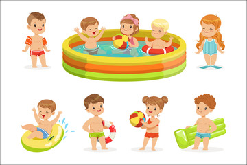 Small Children Having Fun In Water Of The Pool With Floats And Inflatable Toys In Colorful Swimsuit Collection Of Happy Cute Cartoon Characters