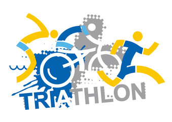  Triathlon racers with sign triathlon.  Three stylized triathlon athletes on the grunge background with inscription triathlon. Vector available.