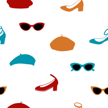 Hand drawn seamless pattern with sunglasses, shoes and berets.