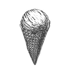 Ice Cream Scoop In Waffle Cone Hand Drawn Vector. Delicious Sweet Cool Dessert Ice Cream Gelato Cornet Concept. Refreshing Dairy Soft Tasty Summer Food Designed Template Monochrome Illustration