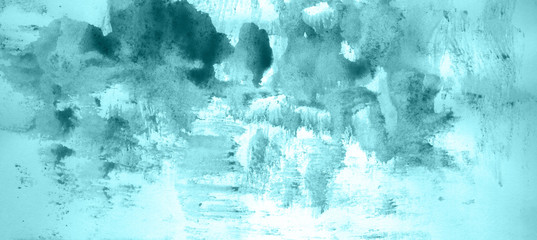 Abstrakter Aquarellhintergrund handgezeichnet auf Papier. Volumetrische Rauchelemente. Blau-grüne Farbe. Für Design, Web, Karte, Text, Dekoration, Oberflächen. © colorinem