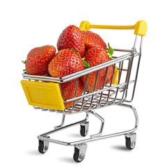 Fresh tasty strawberry in the shopping cart. Creative food concept. Isolated on white. Clipping...