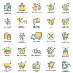 Icons for the site of the online store. The thin contour lines with color fills.