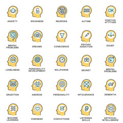 Icons psychology of personality. Psychology of the human personality in the process of life. The thin contour lines with color fills.