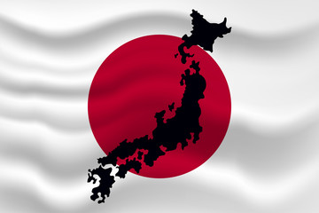Waving flag of Japan with a silhouette of the Islands. Flag with folds - a symbol of the land of the rising sun with map of Japanese Islands. Vector illustration for your design.