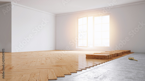 "Parkett legen in Wohnung bei Renovierung" Stockfotos und lizenzfreie