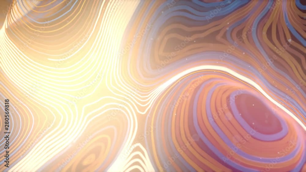 Aufkleber Colored abstract background with bright particles. Deformed wavy wires with motion glowing elements. Depth of field. 3D render loop animation. 4K, Ultra HD resolution.