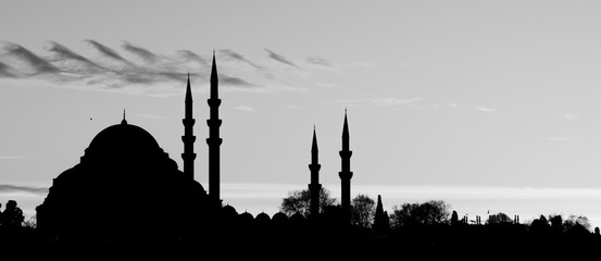Mezquitas en Estambul al tardecer, Turquía.  Blanco y negro