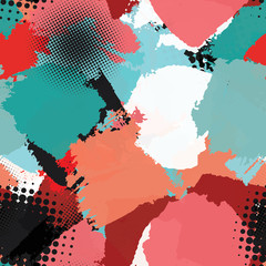 Seamless abstract grunge texture. Repetitive pattern for printing on fabric, wrapping paper. Chaotic background of spots turquoise, red, black, white.