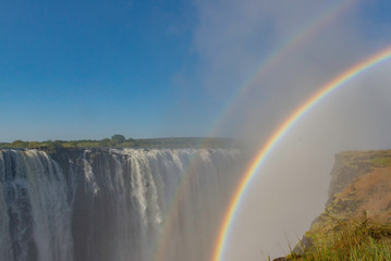 picture of the Victoria Falls and a rainbow while beautiful sunlight