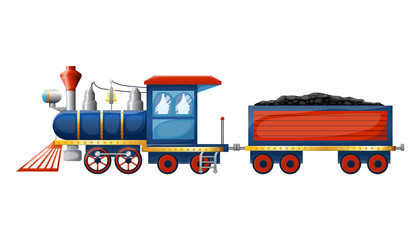 Train composition from cute cartoon colored retro steam locomotive and wagon with coal isolated on white background. Vector illustration.
