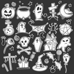 Halloween set. Pumpkin and cauldron. Vector concept in doodle and sketch style.