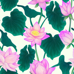Seamless vector pattern with water lily flowers, blossom bud and leaves illustration with watercolor imitation. Hand draw repeater background with lotus elements on white background.