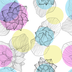 Wate lily with colorful splash hand draw vector seamless pattern. Outline art of lotus flowers and leaves repeater background with bright colors spots on white background