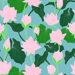 Seamless vector pattern with water lily flowers, blossom bud and leaves illustration. Hand draw repeater background with lotus elements on blue background.
