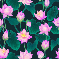 Seamless vector pattern with water lily flowers, blossom bud and leaves illustration with watercolor imitation. Hand draw repeater background with lotus elements on dark green background.