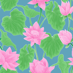 Seamless vector pattern with water lily flowers, blossom bud and leaves illustration. Hand draw repeater background with lotus elements on blue background.
