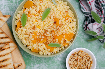 Traditional pasta with pumpkin slices