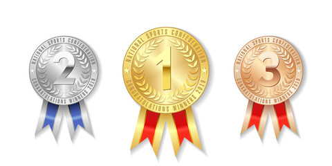 Champion gold, silver and bronze award medals with red ribbons isolated on white background. The first, second, third place on sport tournament, victory concept prizes - obrazy, fototapety, plakaty