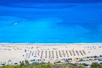 View of Myrtos beach and blue sea, Kefalonia island, Greece