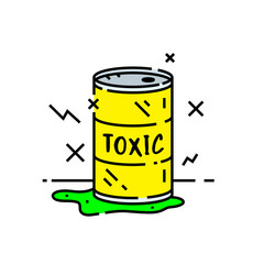Toxic barrel spill line icon. Radioactive waste leak from yellow metal drum symbol. Vector illustration.