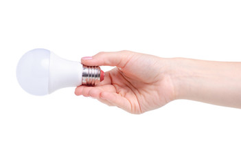 LED lamp light in hand on a white background isolation