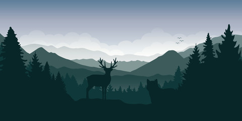 wolf is watching deer in the forest at mountain landscape vector illustration EPS10