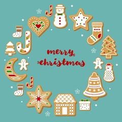 gingerbread cookies arrange as shape for use as poster or background for merry christmas theme editable outline