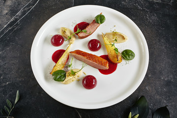 Creative Molecular Dish of Duck Breast, Baked Pear and Cherry Spheres