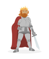 King with sword and red cloak in armor cartoon style game character