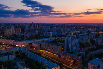 Naklejka na ściany i meble Night Voronezh city center after sunset, aerial panoramic view