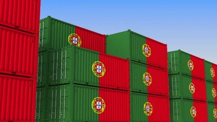 Container yard full of containers with flag of Portugal. Portuguese export or import related loopable 3D animation - Powered by Adobe