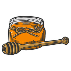 Honey in pot with wooden spoon. Vector concept in doodle and sketch style. Hand drawn illustration for printing on T-shirts, postcards.