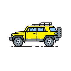 4x4 SUV line icon. Offroad sports utility vehicle symbol. Yellow all-terrain 4wd motor car sign. Vector illustration.