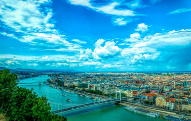 Budapest, Hungary - July 14, 2019: the Danube River bridges and the panorama of Budapest, the capital of Hungary, in the summer. A tourist trip to the ancient metropolitan cities of Europe