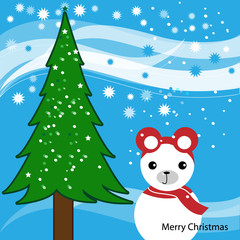 Christmas card. Snowbear and the Tree. winter background with snowflakes. Christmas illustration.
