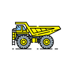 Haul truck line icon. Heavy industry dump truck symbol. Large yellow construction vehicle sign. Vector illustration.