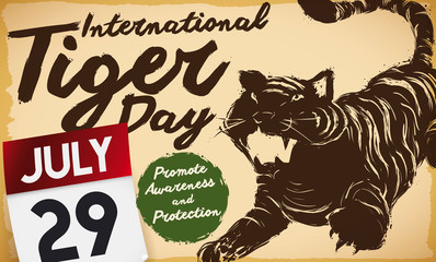 Tiger Silhouette Drawing and Calendar to Celebrate International Tiger Day, Vector Illustration