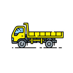 Yellow dump truck line icon. Tipper lorry symbol. Large yellow construction vehicle sign. Vector illustration.