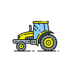 Yellow tractor line icon. Farm vehicle symbol. Agricultural farming machine sign. Vector illustration.