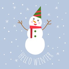 hello winter and snowman illustration flat design in Christmas winter season for holidays celebration