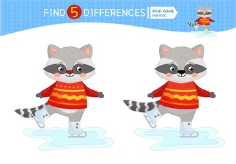 Find differences.  Educational game for children. Cartoon vector illustration of cute racoon.