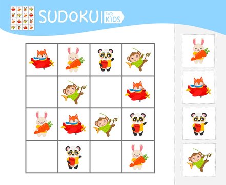 Sudoku game for children with pictures. Kids activity sheet. Cartoon cute animals.