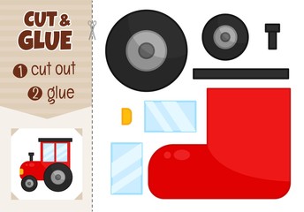 Education paper game for preshool children. Vector illustration of cartoon red tractor.