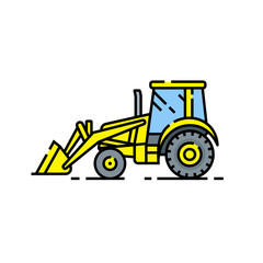 Yellow bulldozer line icon. Construction vehicle symbol. Vector illustration.